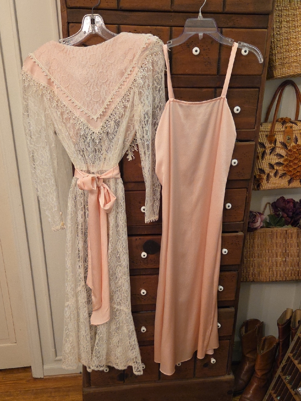 Vintage Gunne Sax Blush Pink 3 Piece Lace Satin Slip Dress Size 10